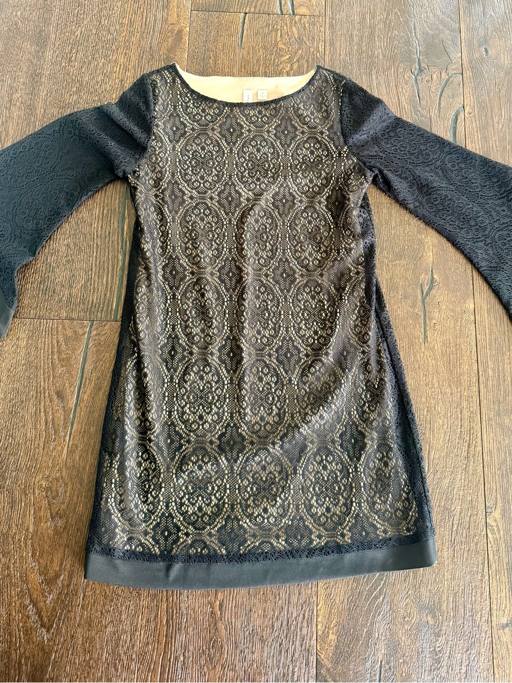 Tacera Black Lace Mini Dress with Beige Underlay